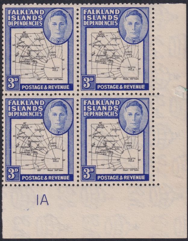 Falkland Islands Dependencies 1946 3d Map Plate Block of 4 with Gap in the 80th Parallel