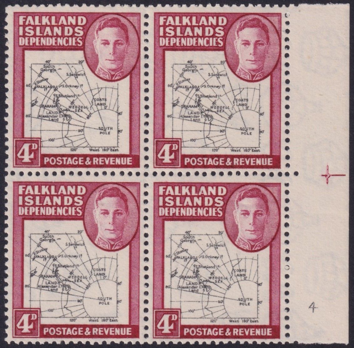 Falkland Islands Dependencies 1946 4d Map Positional Block of 4 with Gap in the 80th Parallel