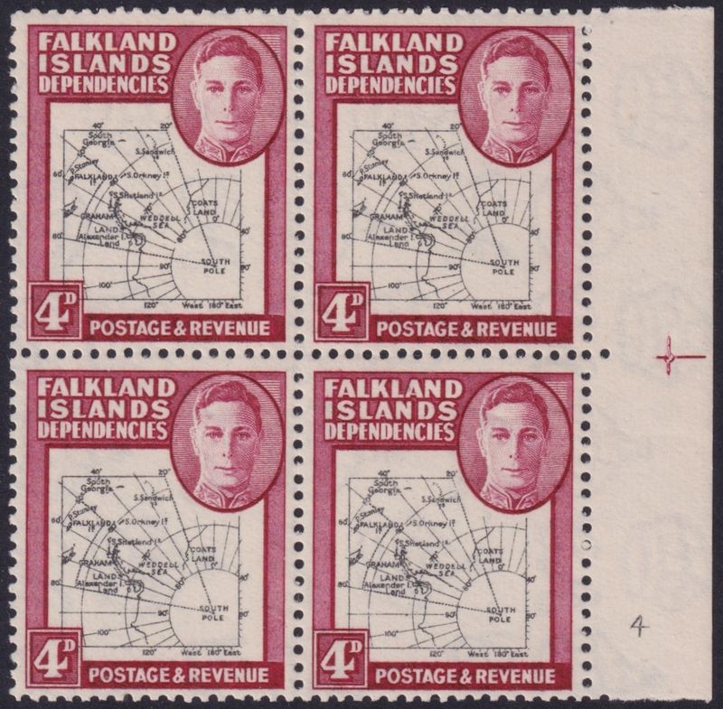 Falkland Islands Dependencies 1946 4d Map Positional Block of 4 with Gap in the 80th Parallel