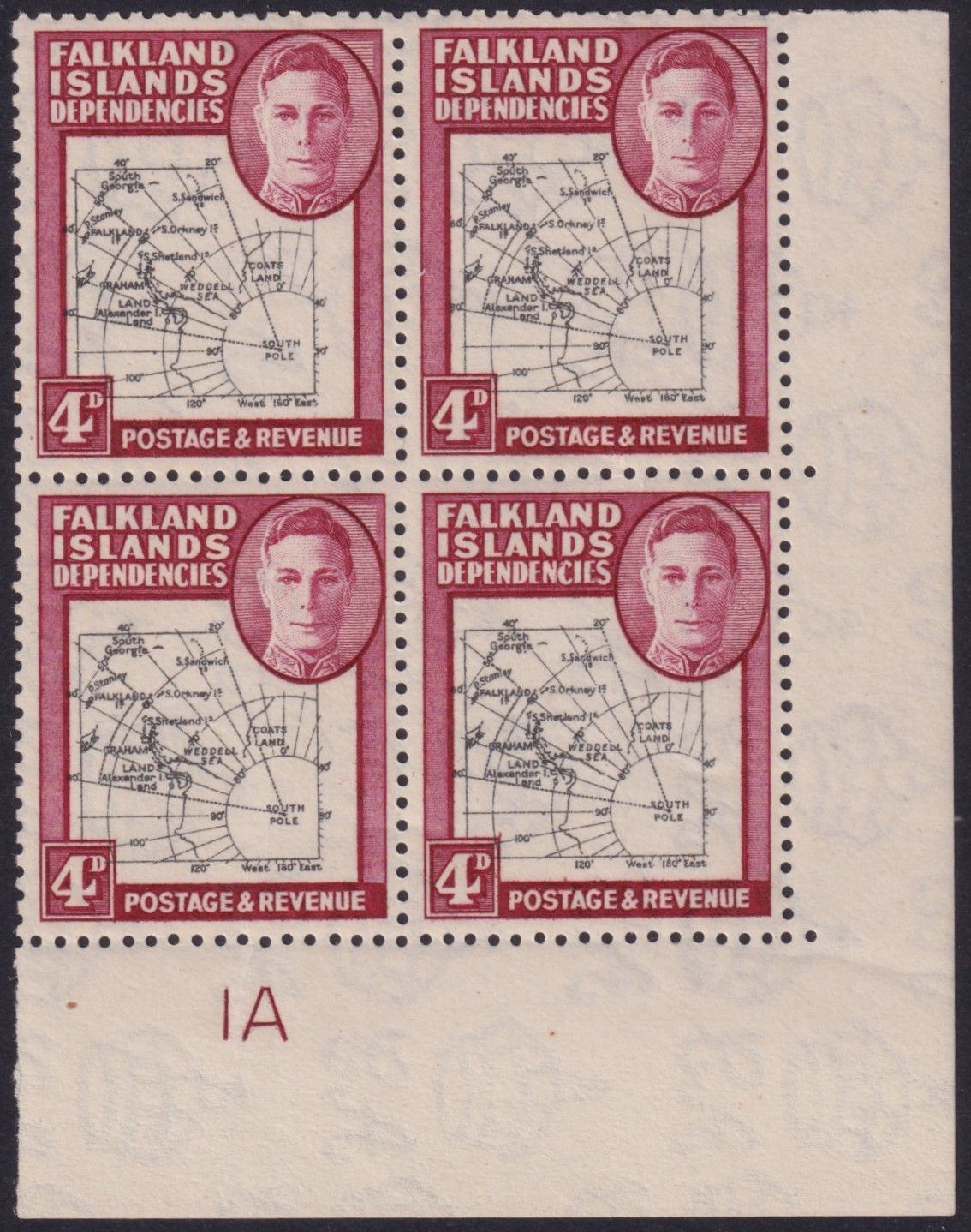 Falkland Islands Dependencies 1946 4d Map Plate Block of 4 with Gap in the 80th Parallel