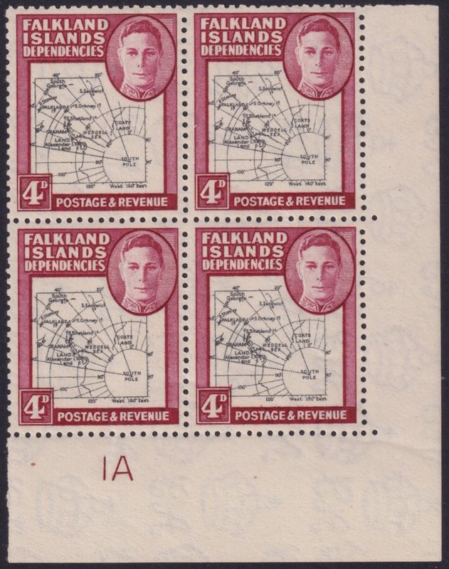 Falkland Islands Dependencies 1946 4d Map Plate Block of 4 with Gap in the 80th Parallel