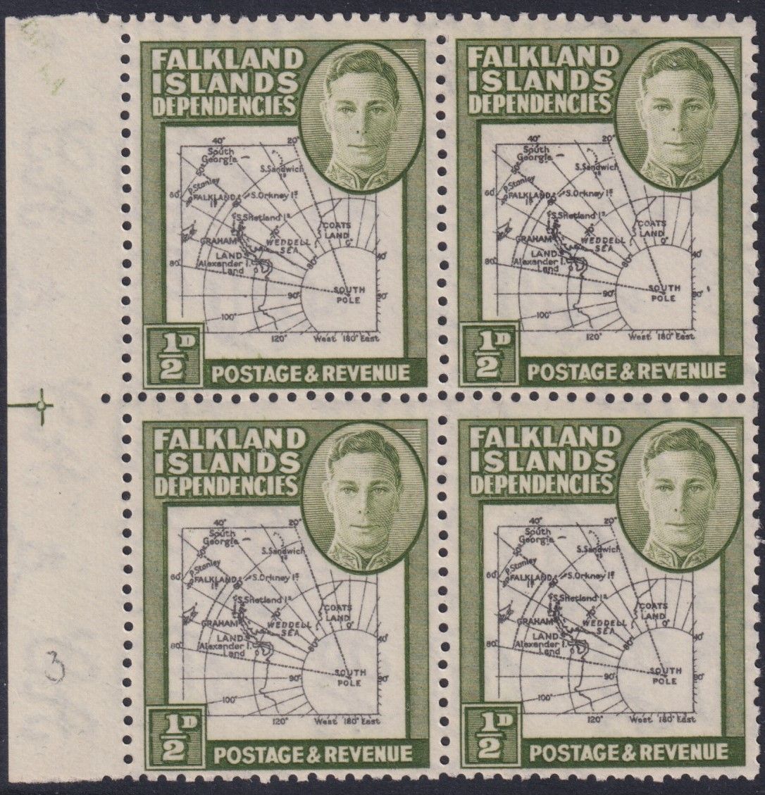 Falkland Islands Dependencies 1946 ½d Marginal Block of 4