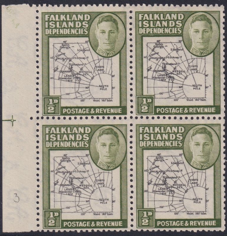 Falkland Islands Dependencies 1946 ½d Marginal Block of 4