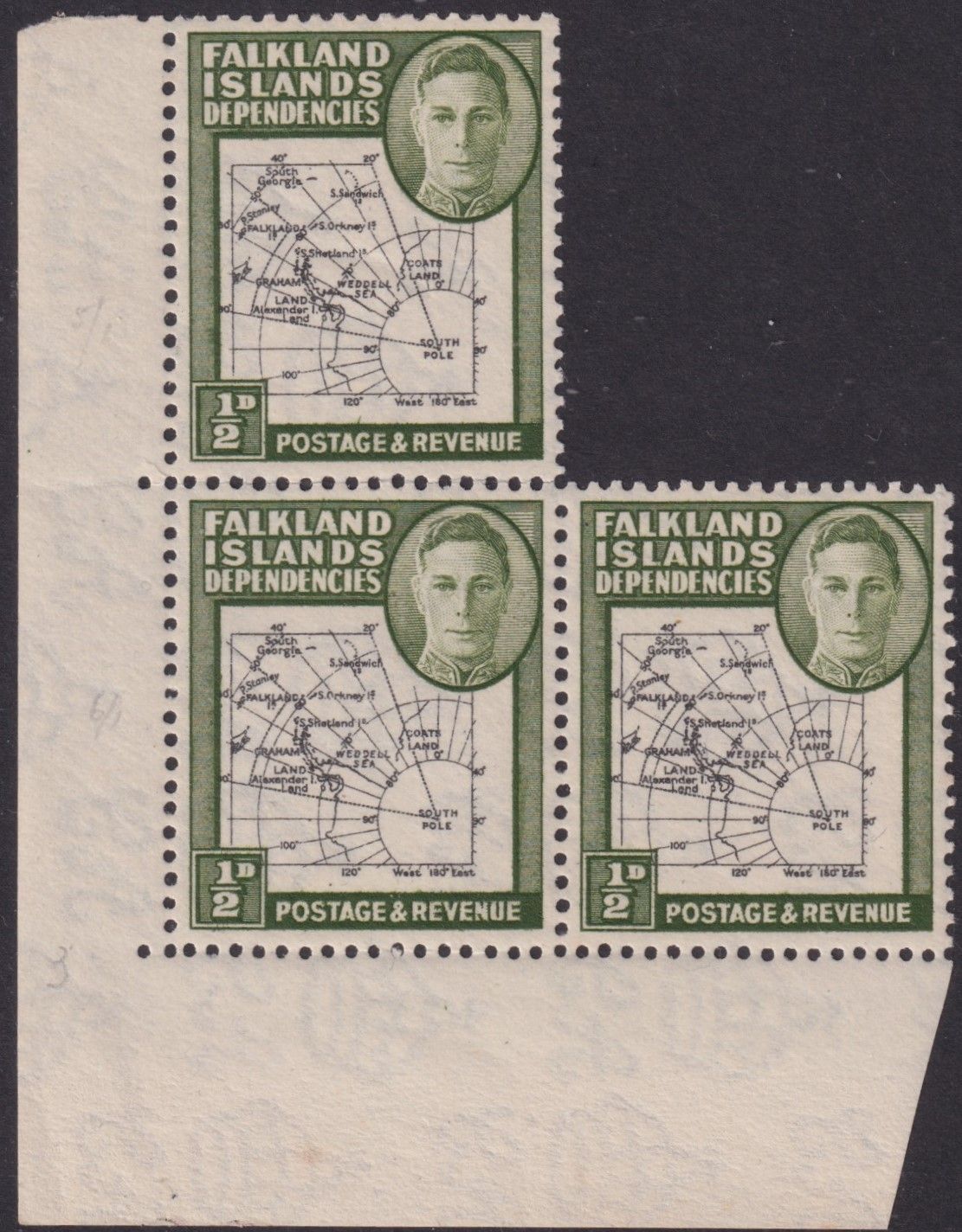 Falkland Islands Dependencies 1946 ½d Map Corner Block of 3