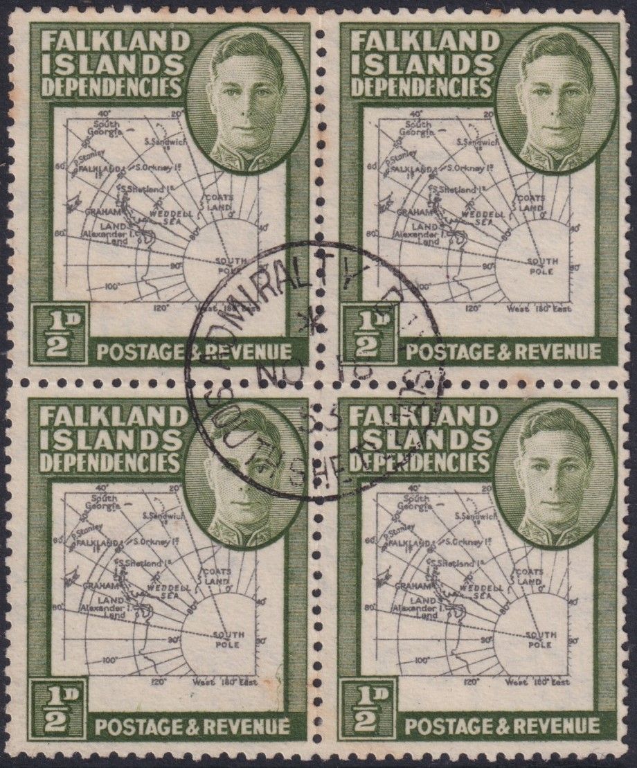 Falkland Islands Dependencies 1946 ½d Map Block of 4