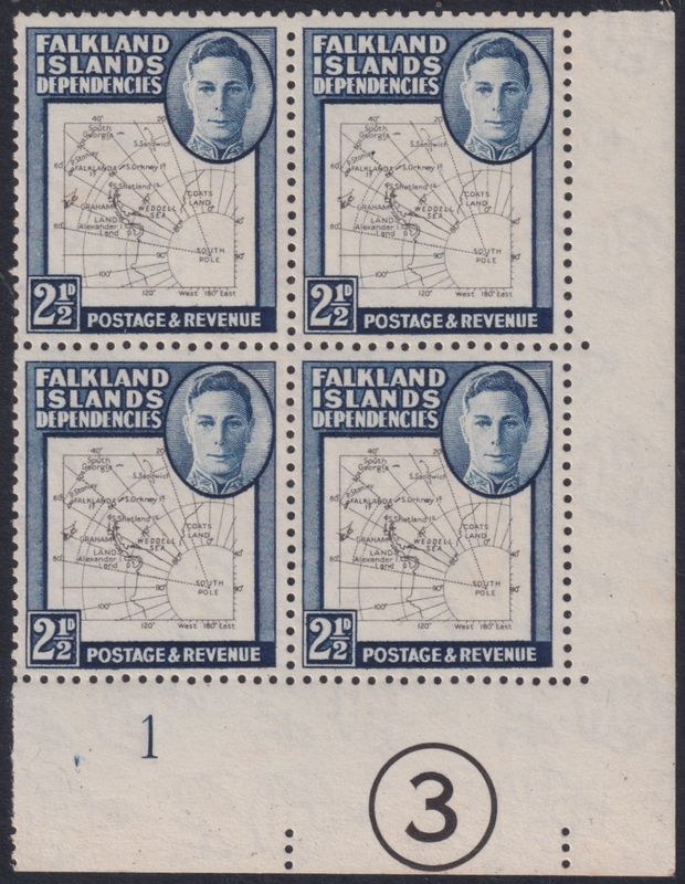 Falkland Islands Dependencies 1948 2½d Map Plate Block of 4