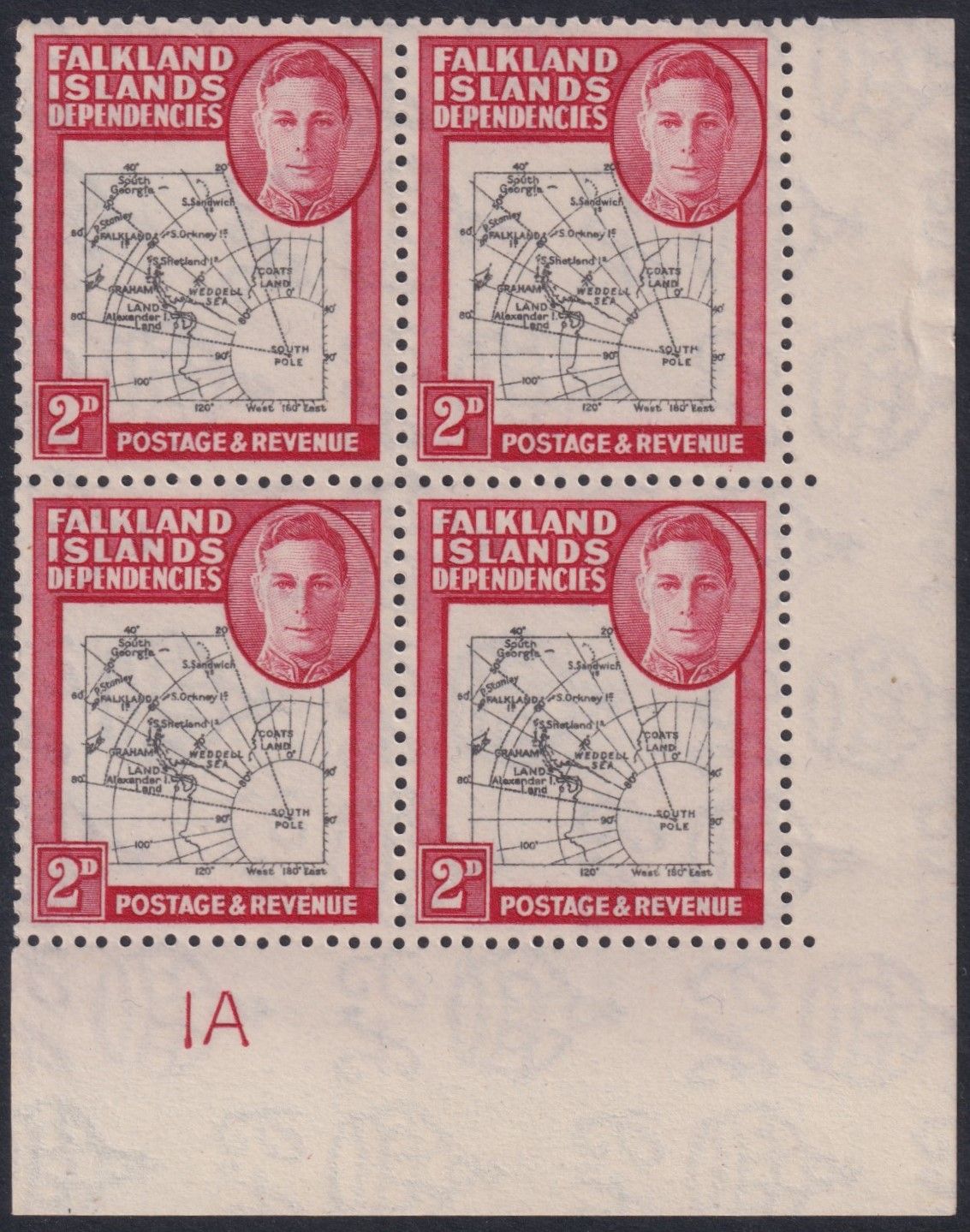 Falkland Islands Dependencies 1946 2d Map Plate Block of 4 with Gap in the 80th Parallel
