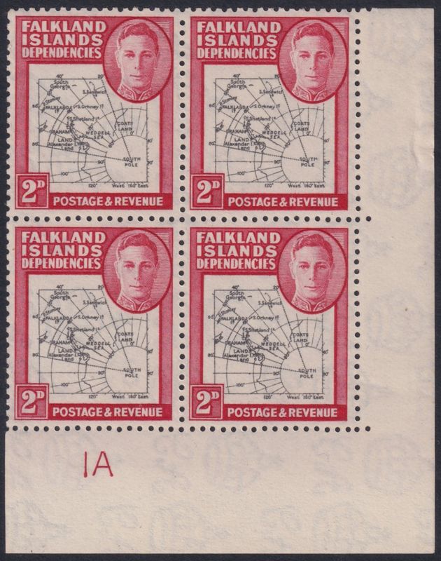 Falkland Islands Dependencies 1946 2d Map Plate Block of 4 with Gap in the 80th Parallel