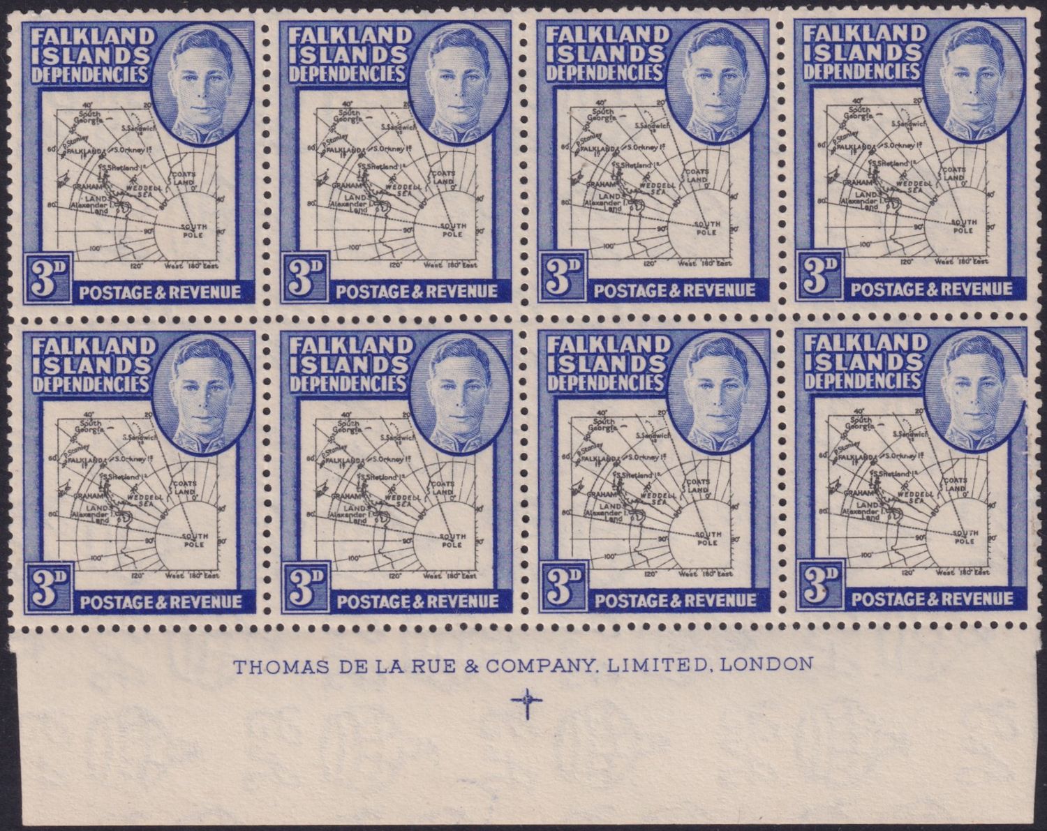 Falkland Islands Dependencies 1946 3d Map Imprint Block of 8 with Gap in the 80th Parallel x 2 and Teardrop Flaw