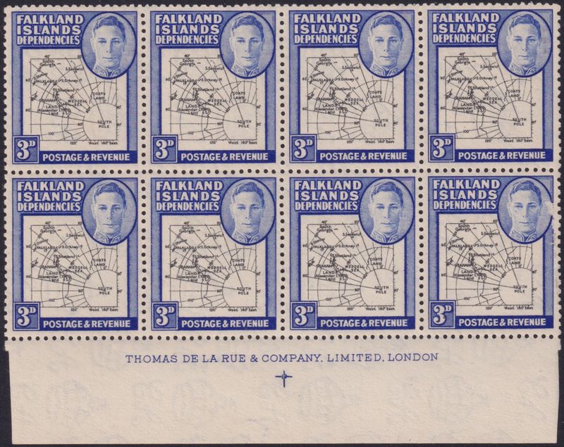 Falkland Islands Dependencies 1946 3d Map Imprint Block of 8 with Gap in the 80th Parallel x 2 and Teardrop Flaw