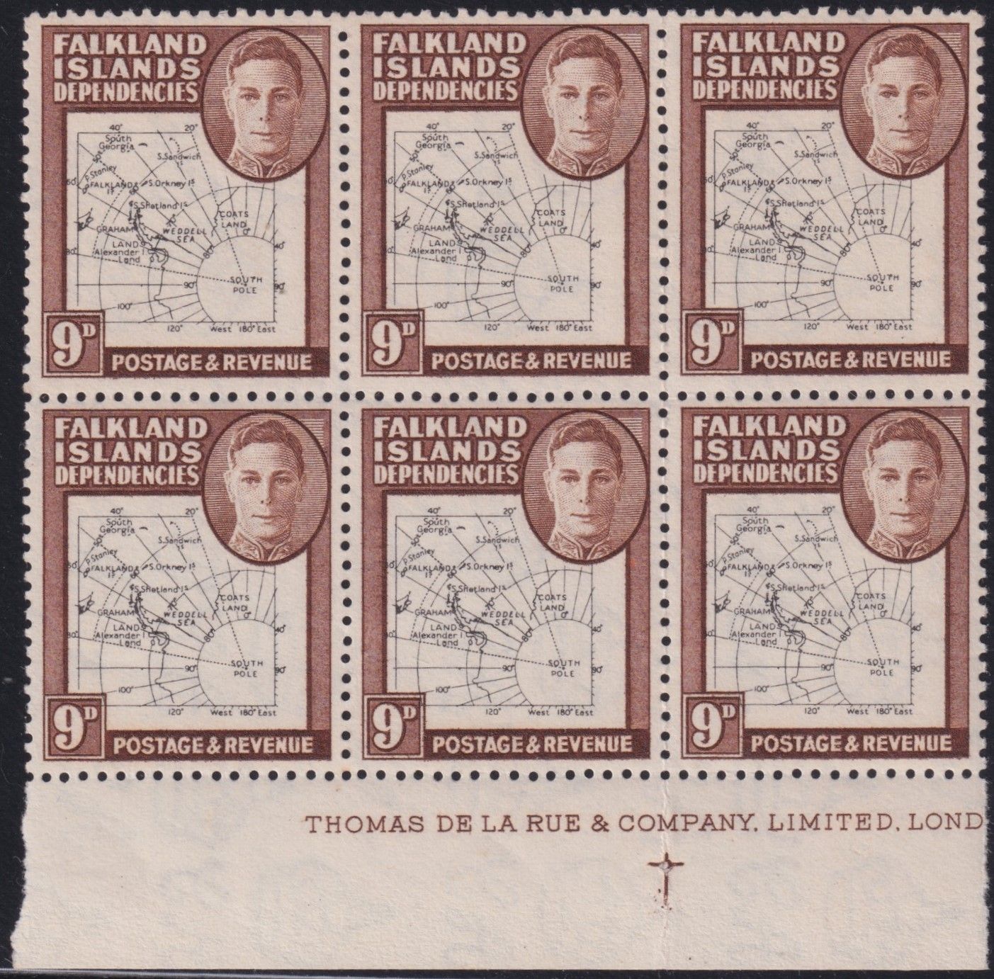Falkland Islands Dependencies 1949 9d Map Imprint Block of 6 with Dot in T x 2