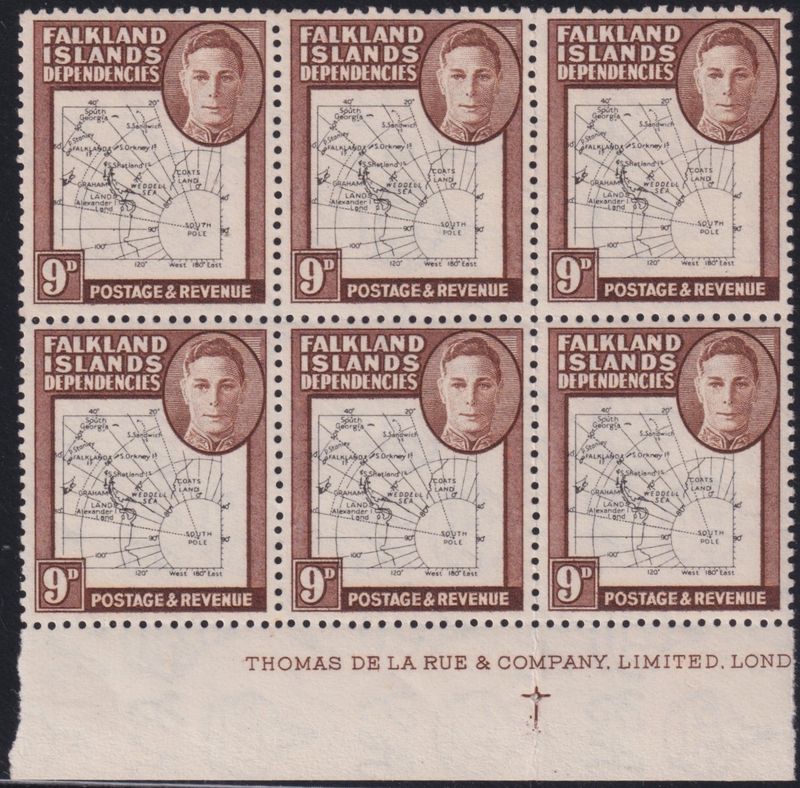 Falkland Islands Dependencies 1949 9d Map Imprint Block of 6 with Dot in T x 2