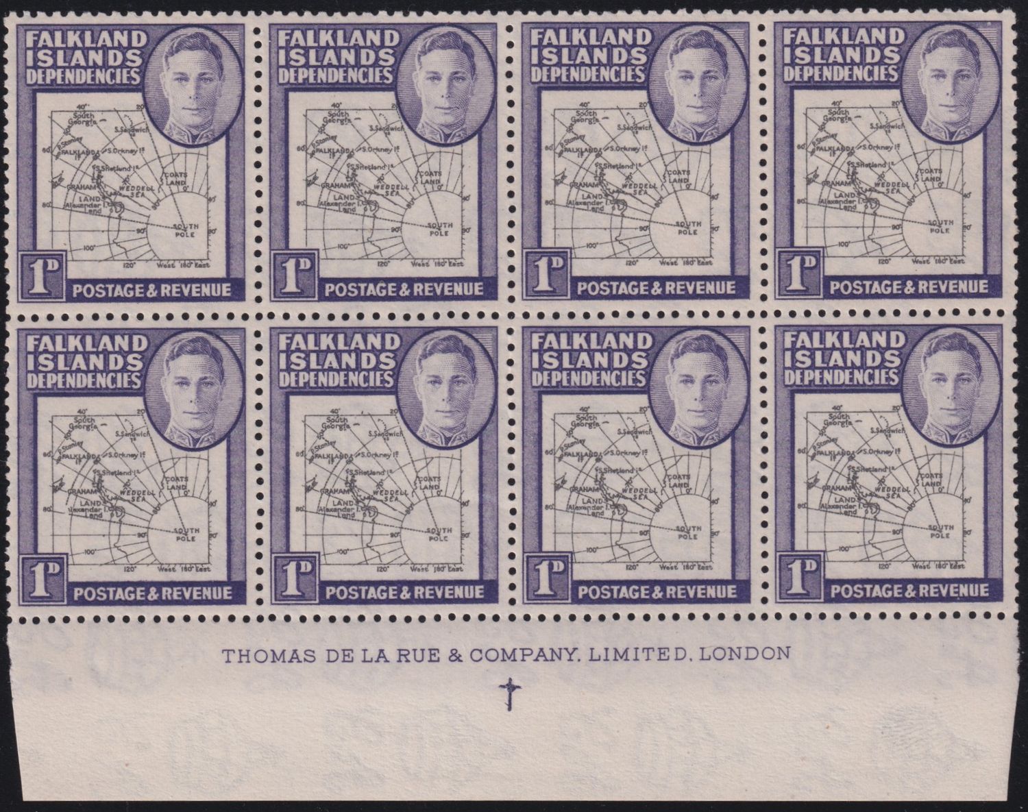 Falkland Islands Dependencies 1946 1d Map Imprint Block of 8 with Gap in 80th Parallel
