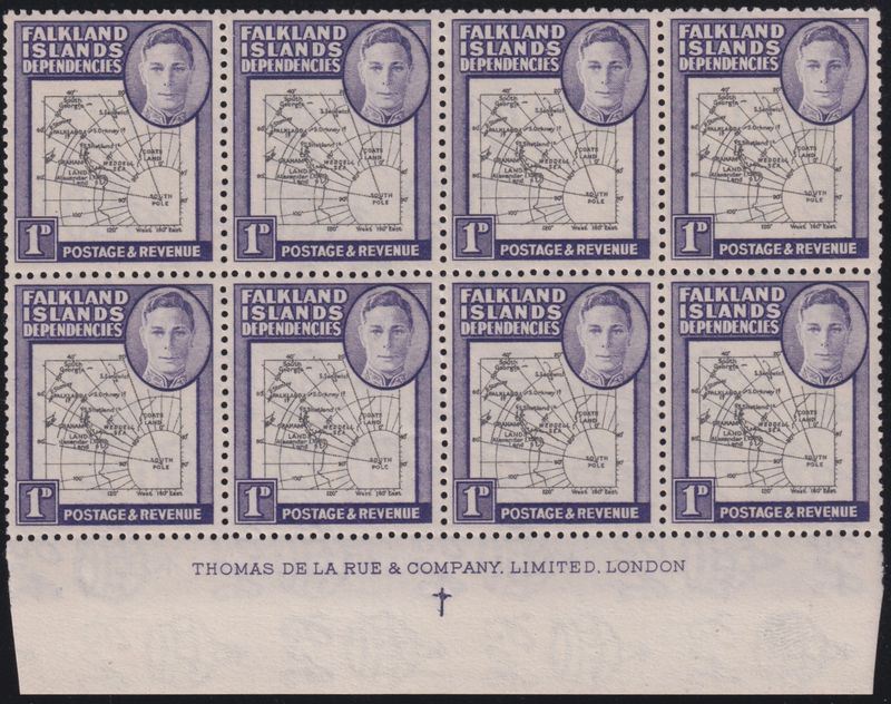Falkland Islands Dependencies 1946 1d Map Imprint Block of 8 with Gap in 80th Parallel