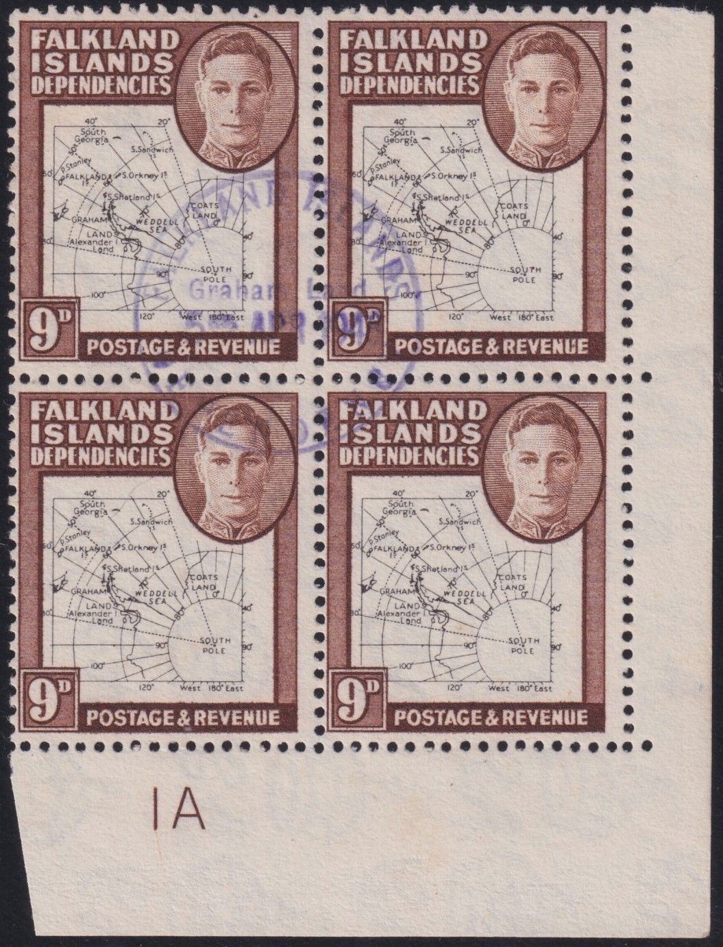 Falkland Islands Dependencies 1949 9d Map Plate Block of 4 with Dot in T