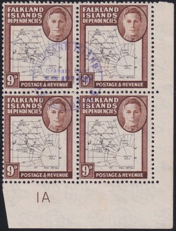 Falkland Islands Dependencies 1949 9d Map Plate Block of 4 with Dot in T