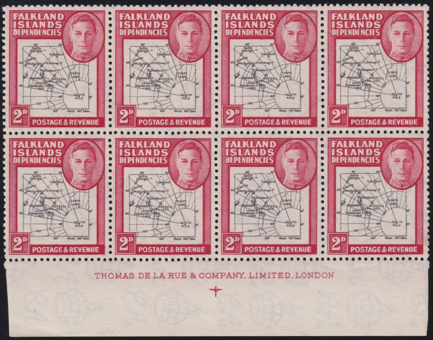 Falkland Islands Dependencies 1946 2d Map Imprint Block of 8 with Gap in 80th Parallel