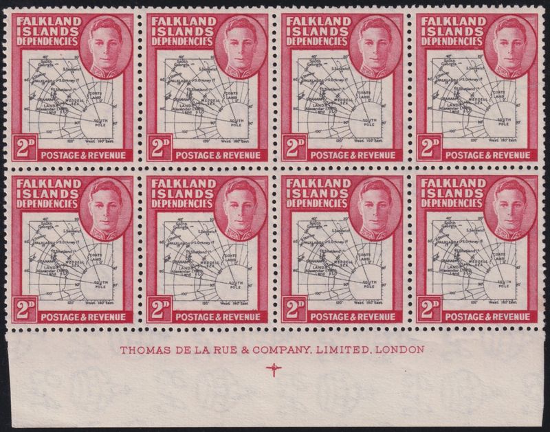 Falkland Islands Dependencies 1946 2d Map Imprint Block of 8 with Gap in 80th Parallel