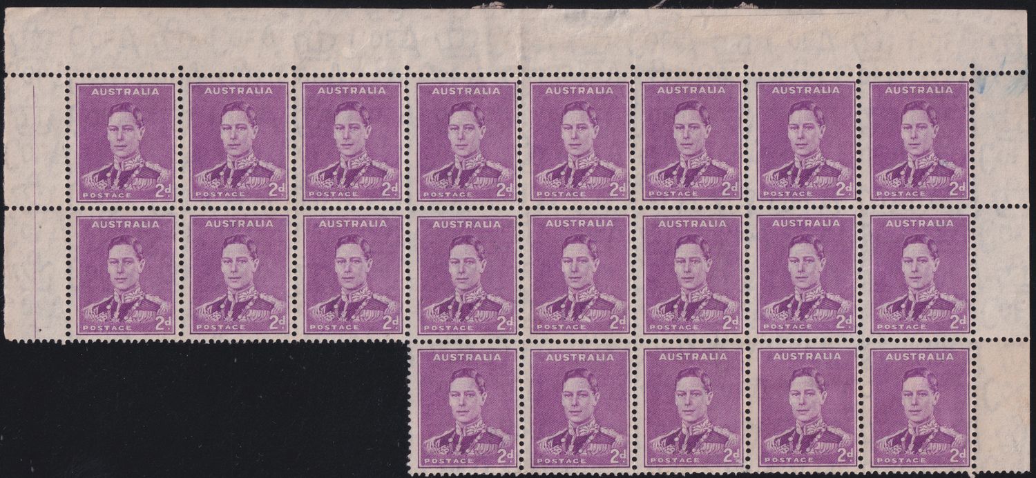 Australia 1941 2d Purple Irregular Block of 21 with Medal Flaw