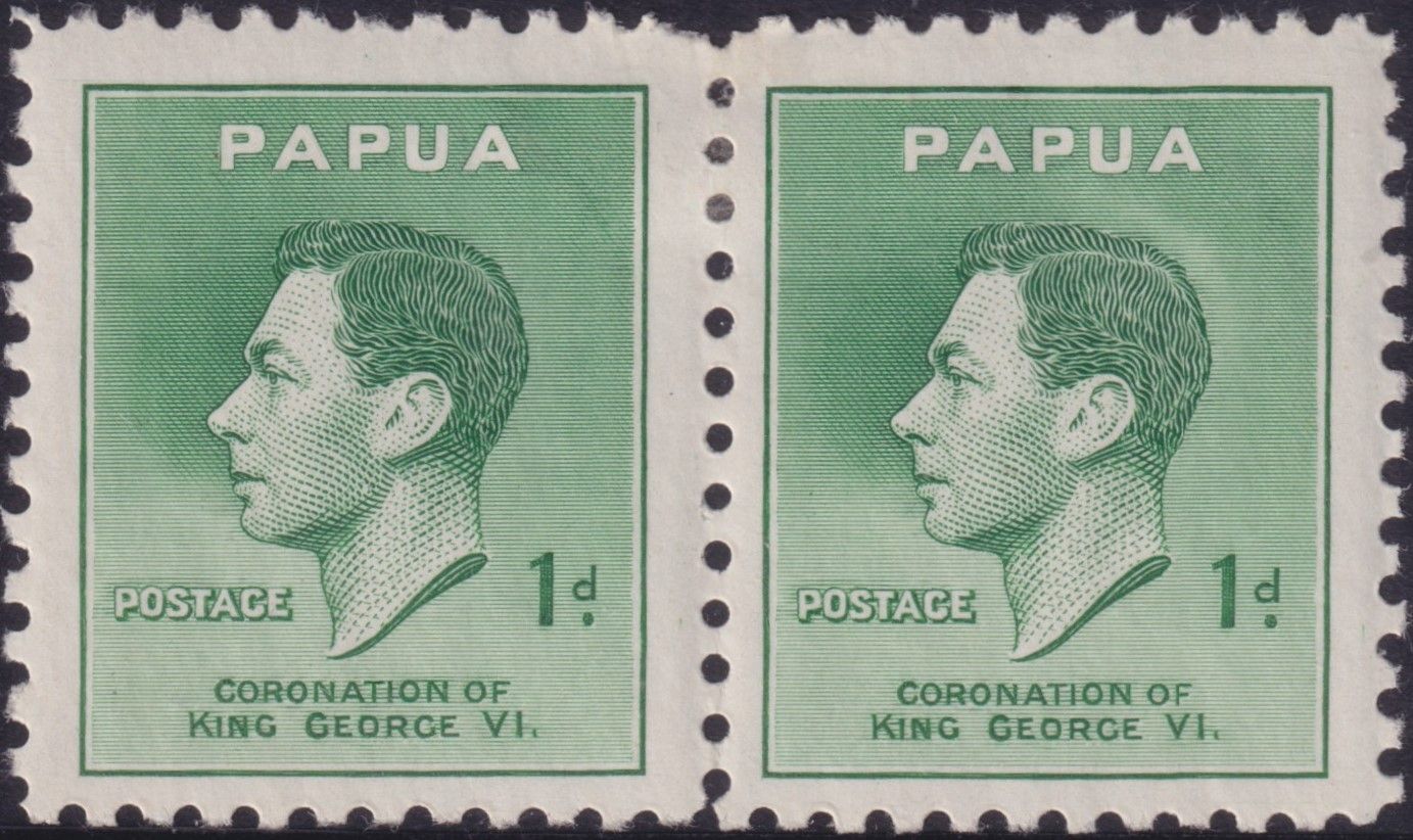 Papua 1937 1d Green KGVI Coronation Pair with Halo Flaw