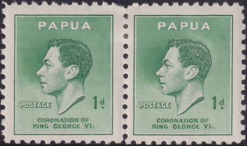 Papua 1937 1d Green KGVI Coronation Pair with Halo Flaw