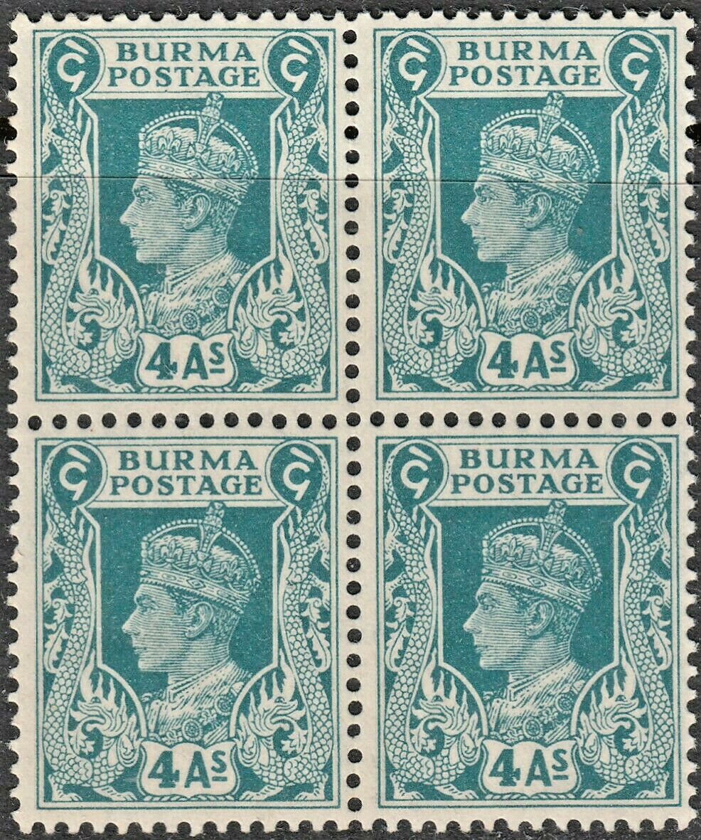Burma 1938 4a Greenish Blue Block of 4