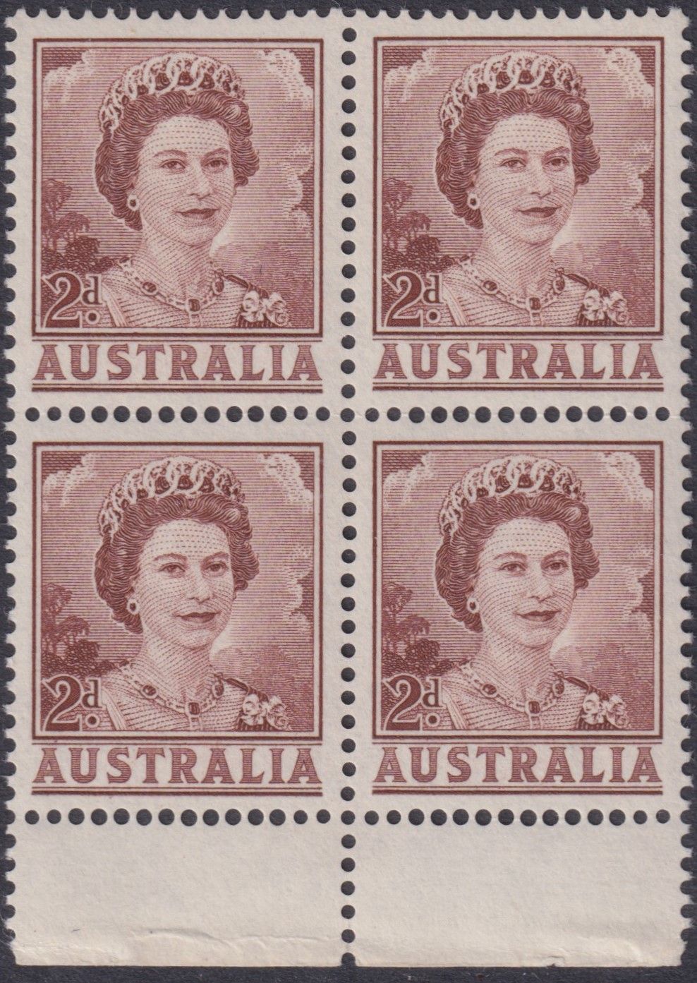 Australia 1963 2d Brown QEII Coil Perf Block of 4 (1)