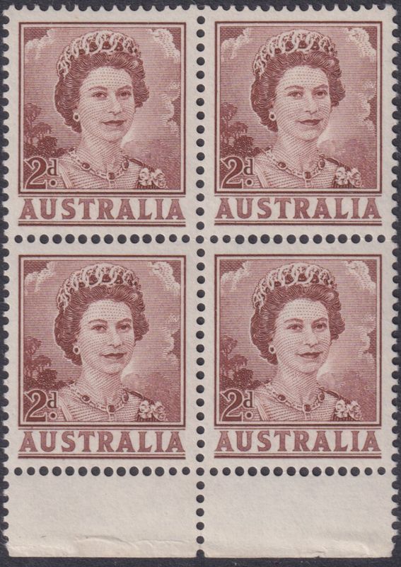 Australia 1963 2d Brown QEII Coil Perf Block of 4 (1)