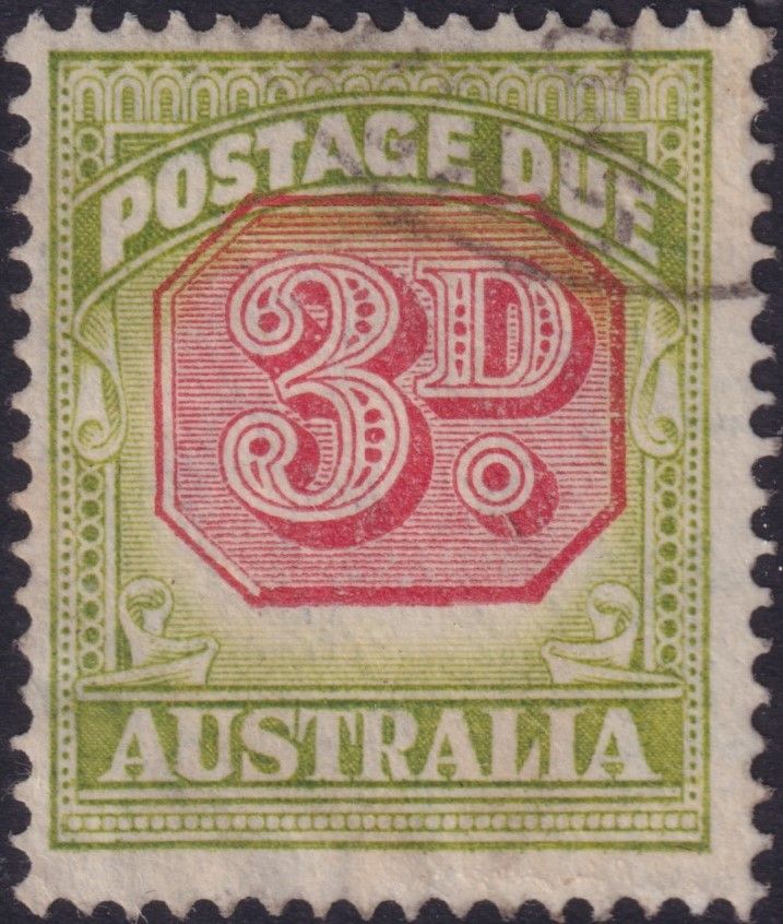 Australia 1938 3d Carmine and Green Postage Due with Shifted Vignette