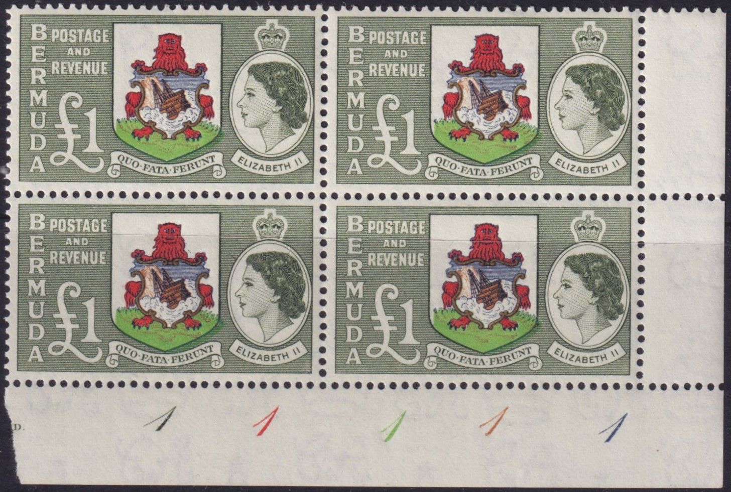 Bermuda 1953 £1 Arms Plate Block of 4 with Colour Shift