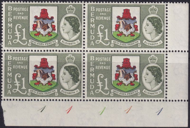 Bermuda 1953 £1 Arms Plate Block of 4 with Colour Shift