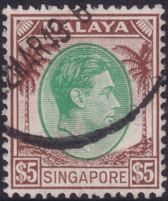 Singapore 1948 $5 Green and Brown