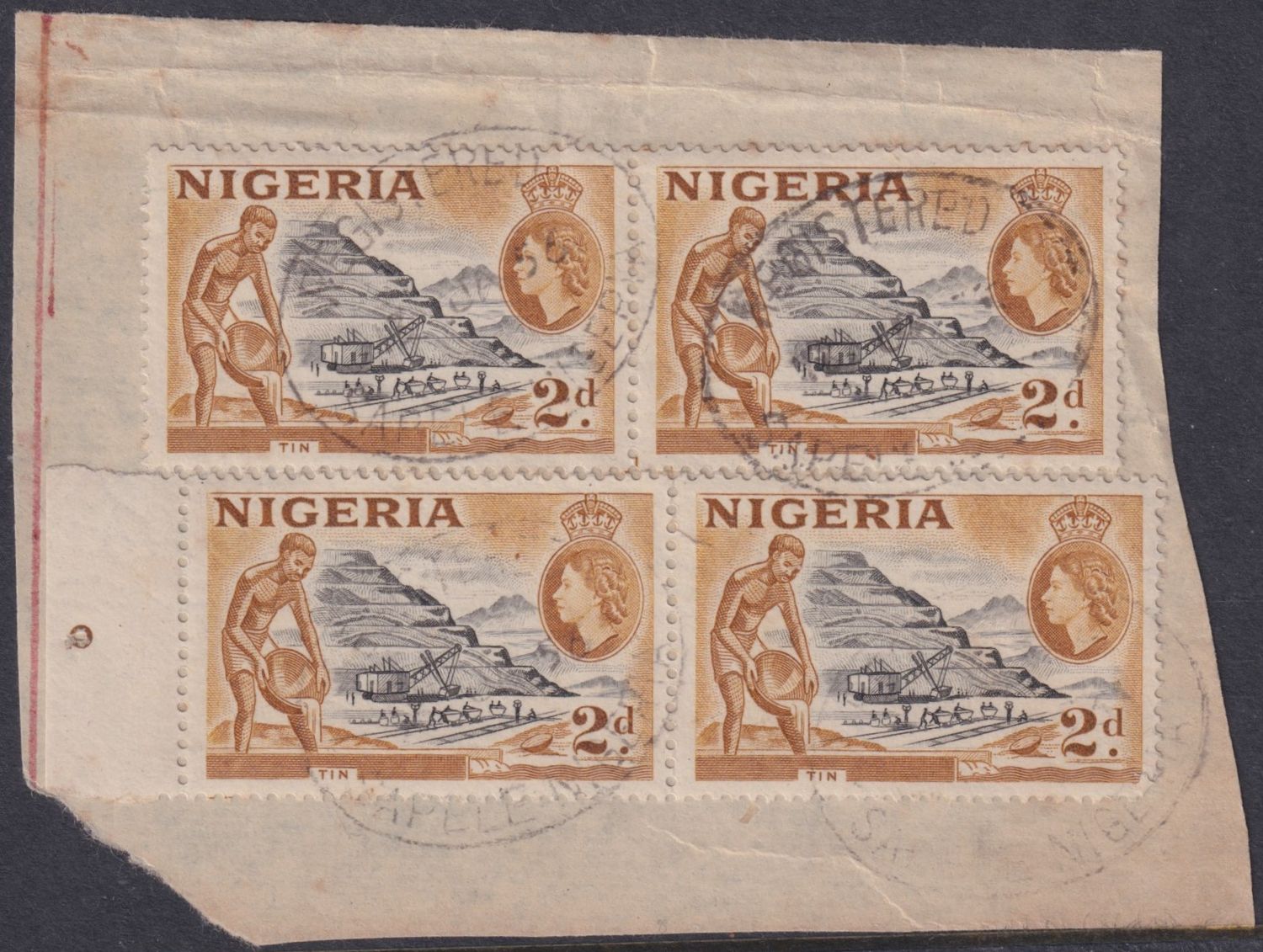 Nigeria 1953 2d Tin Mining Two Pairs on Piece with Sapele Cancel