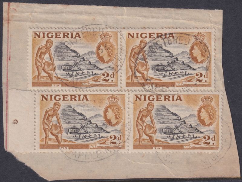 Nigeria 1953 2d Tin Mining Two Pairs on Piece with Sapele Cancel