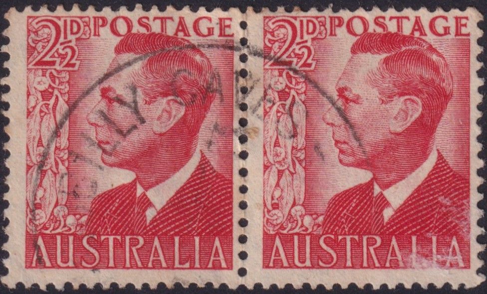 Australia 1950 2½d KGVI Pair with Yarrangobilly Caves Cancel