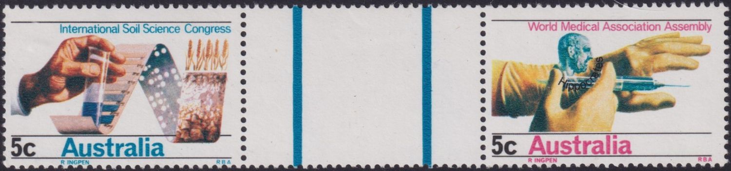 Australia 1968 Soil-Medical Thick Lines Gutter Pair with Needle Through Thumb