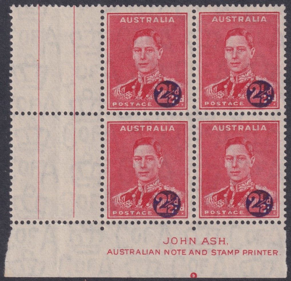 Australia 1941 2½d on 2d War Surcharge Imprint Block