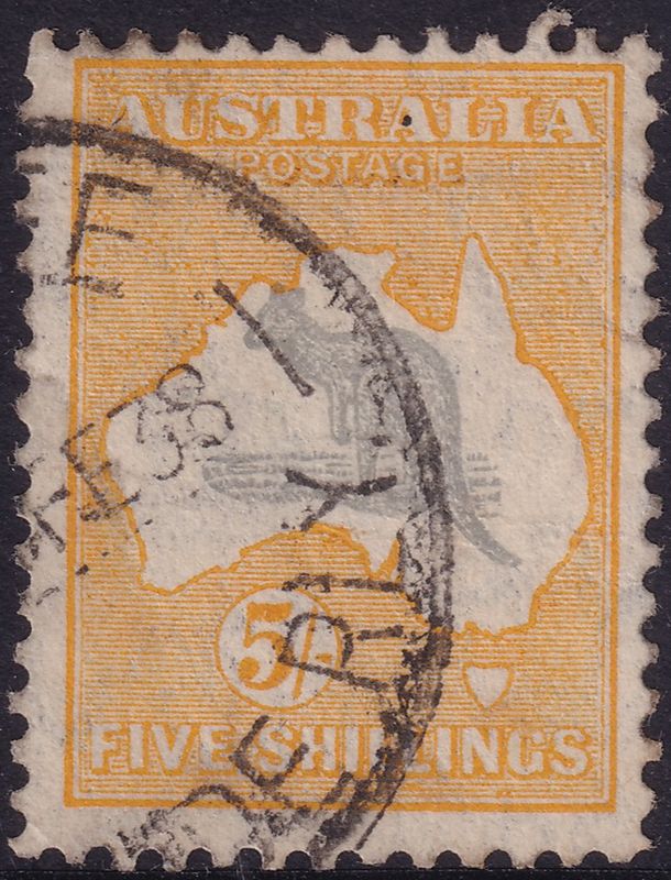 Australia 1932 5/- Grey and Yellow Kangaroo with Elongated Spencer's Gulf
