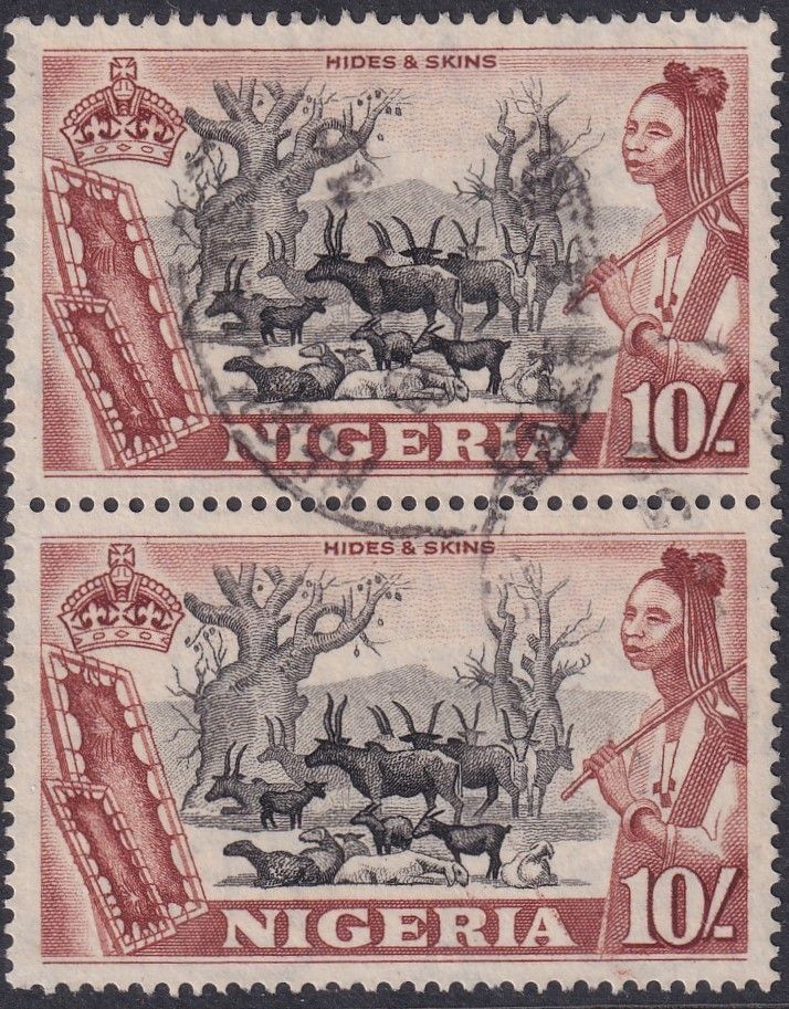 Nigeria 1953 10/- Black and Red-Brown Vertical Pair