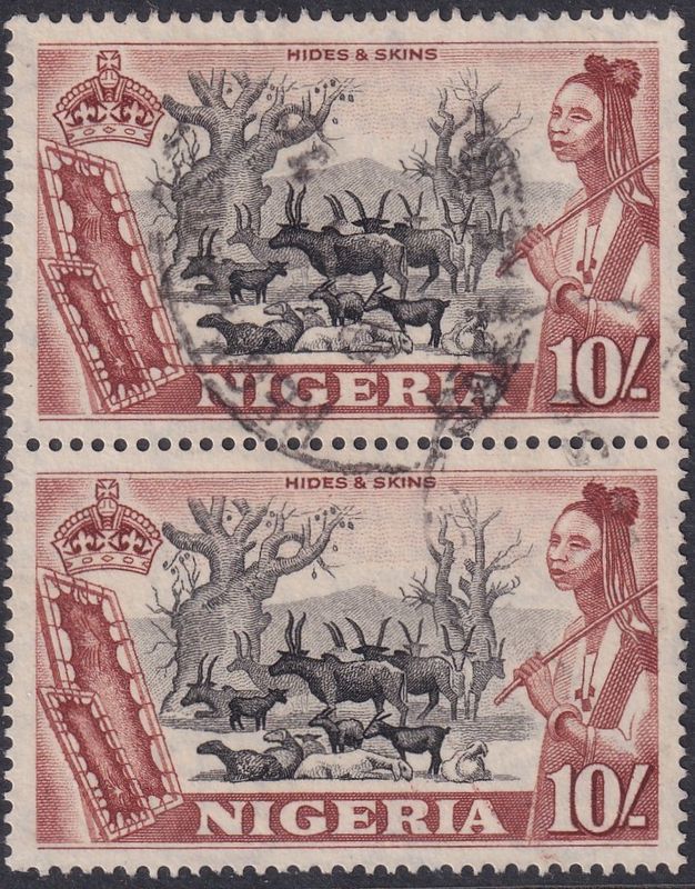 Nigeria 1953 10/- Black and Red-Brown Vertical Pair