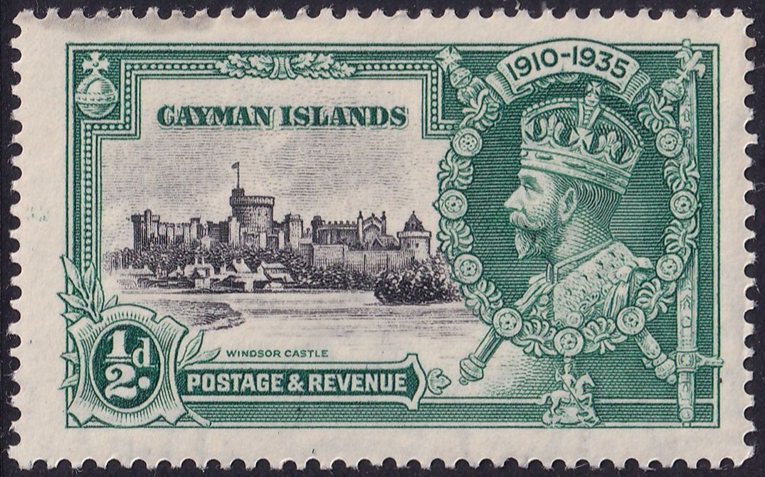 Cayman Islands 1935 ½d Silver Jubilee with Diagonal Line by Turret