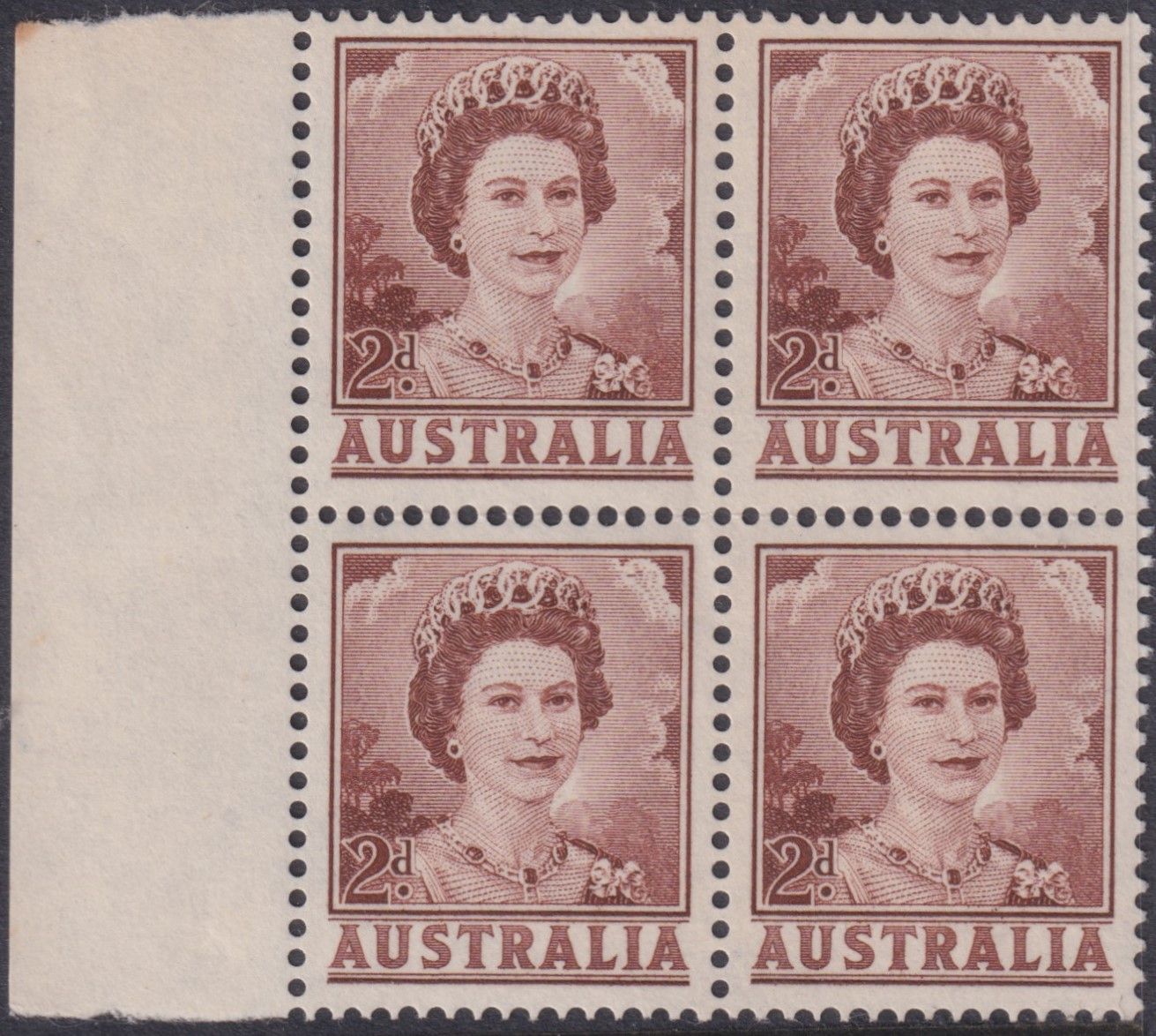 Australia 1963 2d Brown QEII Coil Perf Block of 4 (2)