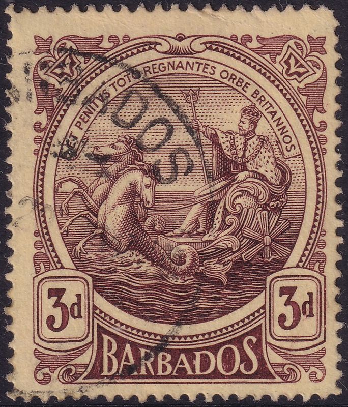 Barbados 1919 3d Purple on Yellow Thick Paper