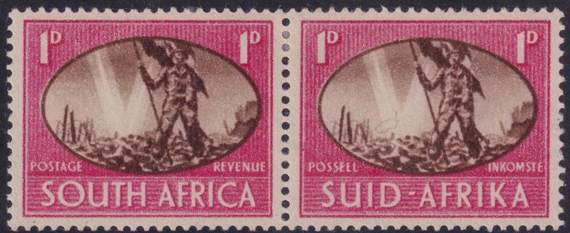 South Africa 1945 1d Victory Pair with Barbed Wire Flaw