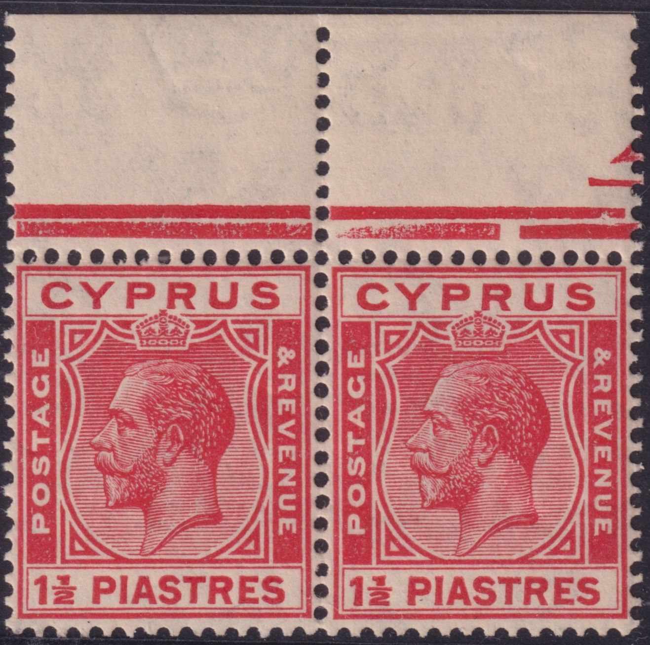 Cyprus 1925 1½p Scarlet Marginal Pair