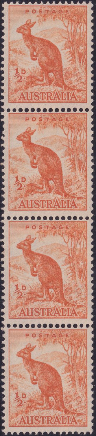Australia 1950 ½d Kangaroo Coil Strip with Line to Roo's Ear
