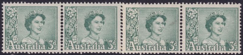Australia 1959 3d Blue-Green Coil Join Perf Strip of Four