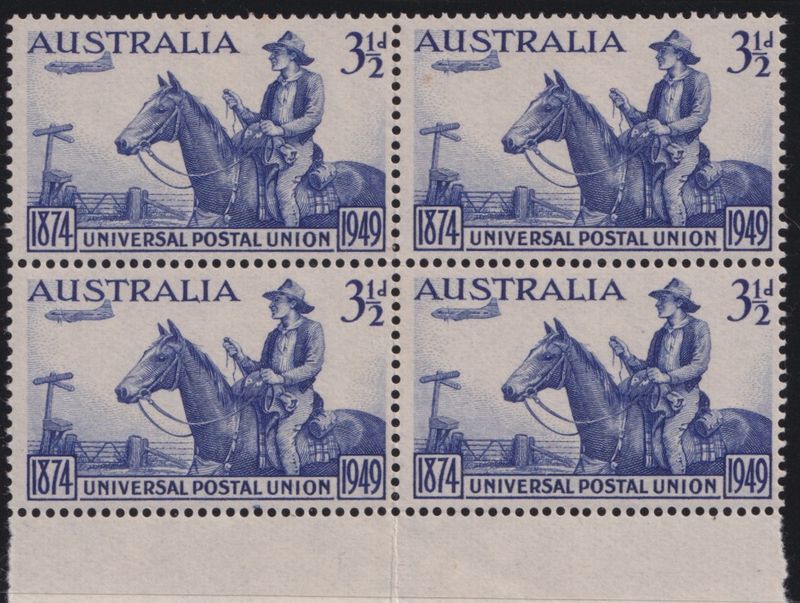 Australia 1949 3½d UPU Block of Four with Spot in Margin