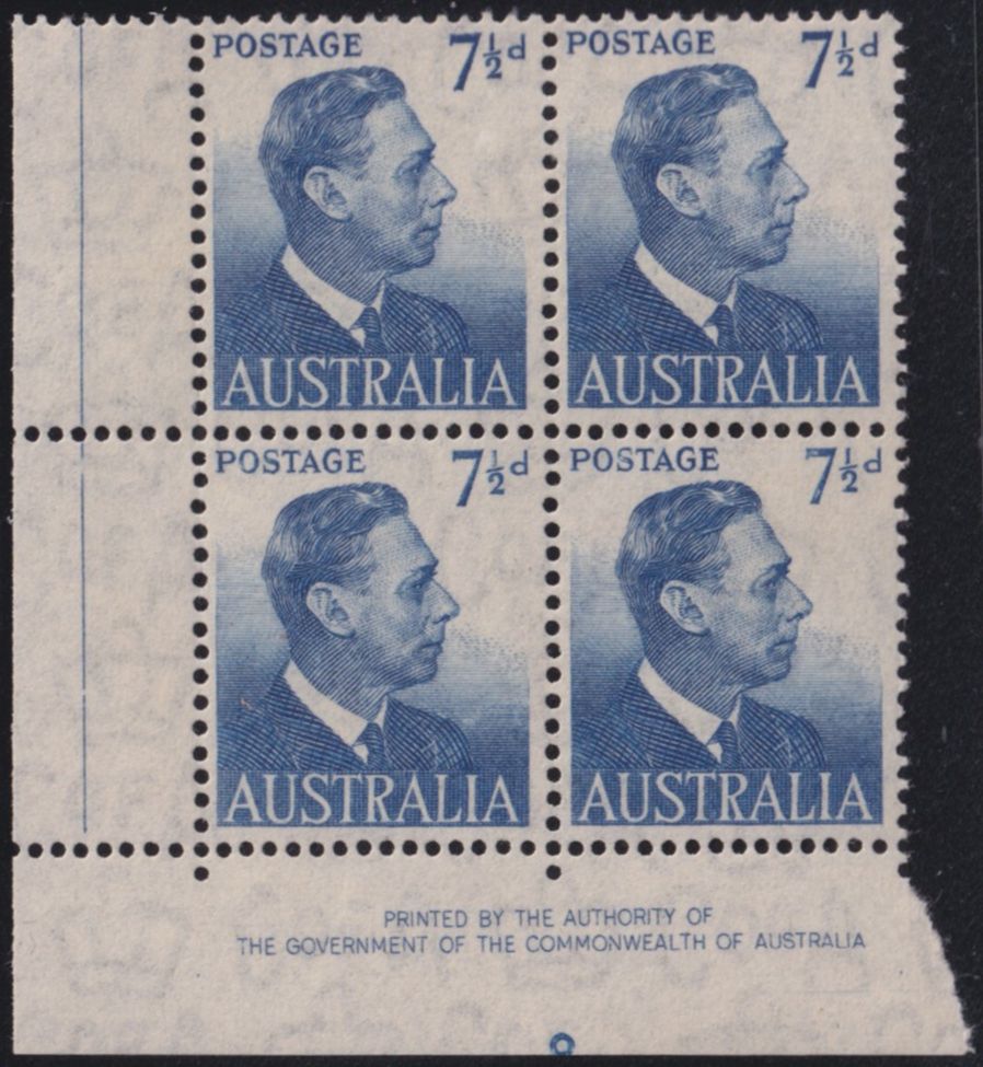 Australia 1951 7½d Blue Imprint Block of Four