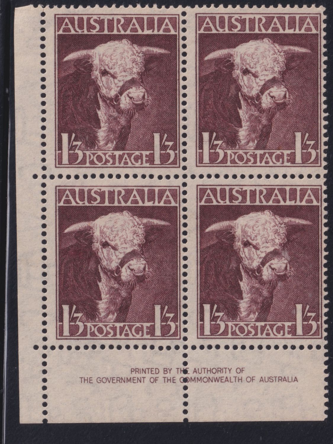 Australia 1948 1/3d Hereford Bull Imprint Block of Four (A)